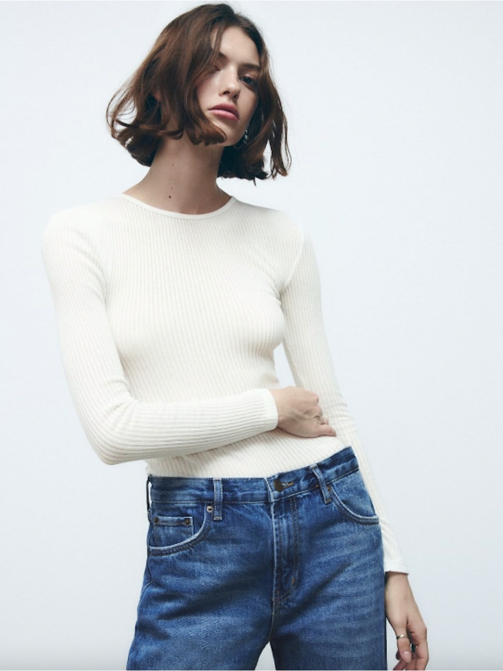 Zara Ribbed Long-Sleeve Crewneck Top in Cream